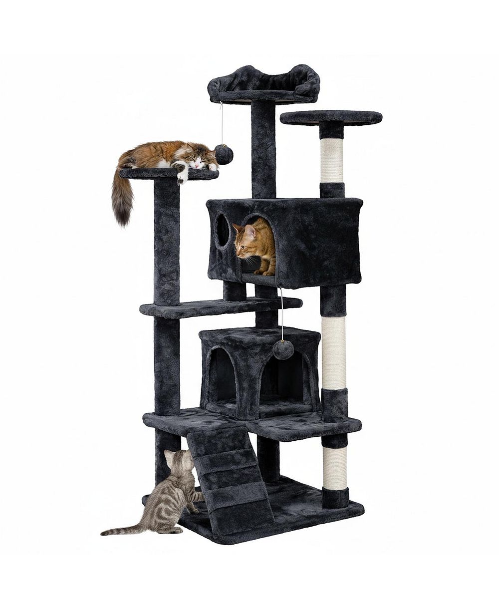 ARONKL Multi-level Cat Tree Tower with Cat-ear Perch 2 Caves Sisal Posts Climbing Ladder Replaceable Balls Pet Activity Center