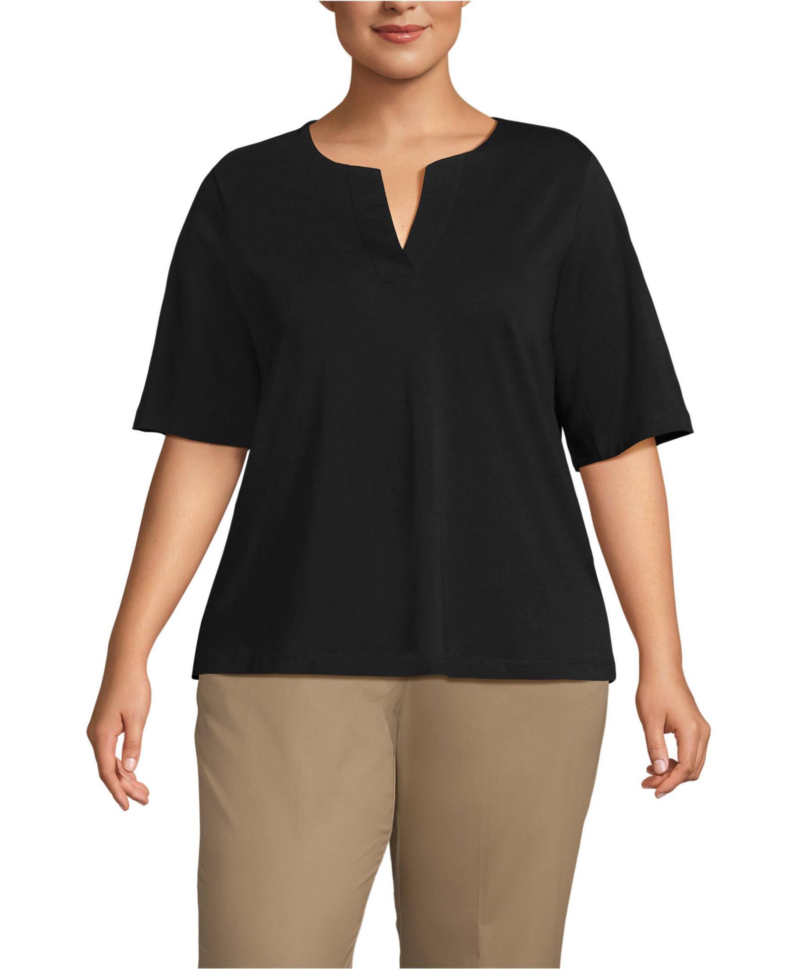 Lands' End Plus Size Supima Jersey Half Sleeve Splitneck Shirt