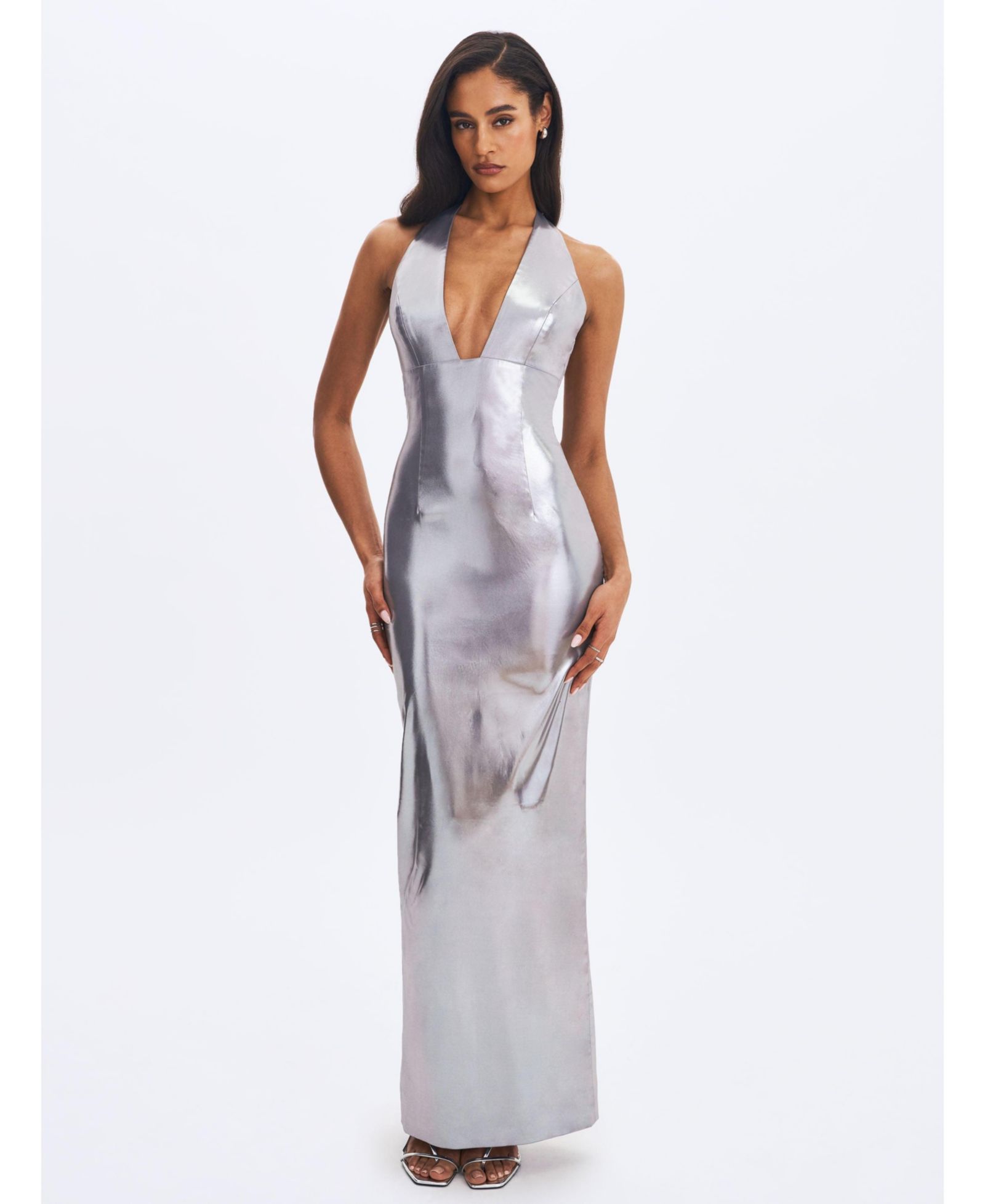 Женское платье Miss Circle Valeska Silver Foil Plunging Sheath Maxi