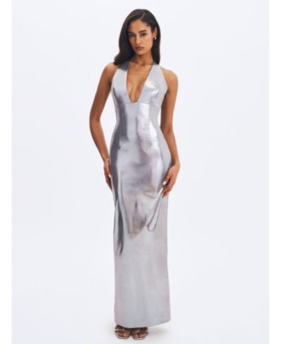 Miss Circle Women's Valeska Silver Foil Plunging Sheath Maxi Dress