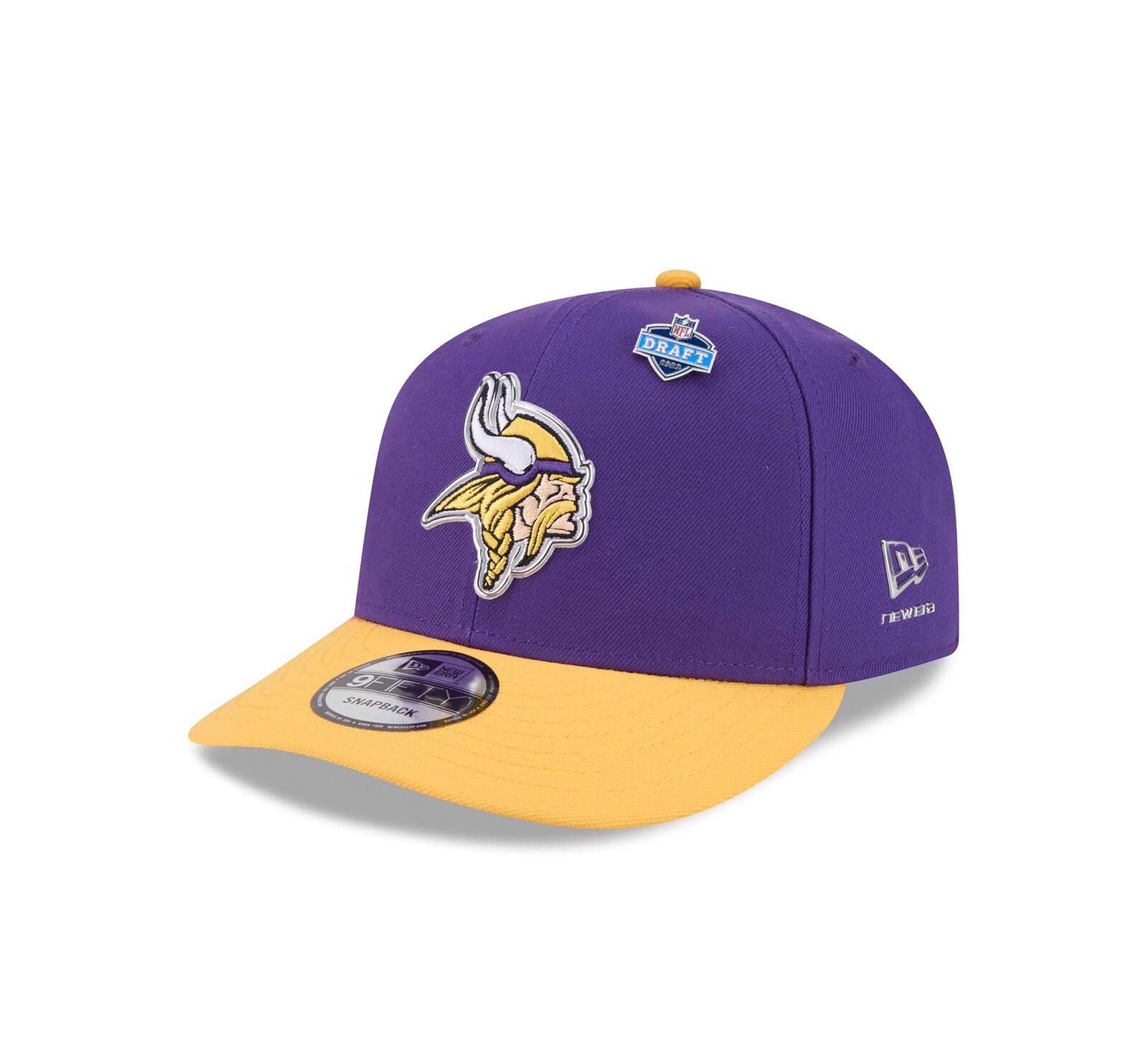Мужская кепка New Era Men's Purple/Gold Minnesota Vikings 2026 NFL Draft On Stage Pre-Curved 9FIFTY Snapback Hat