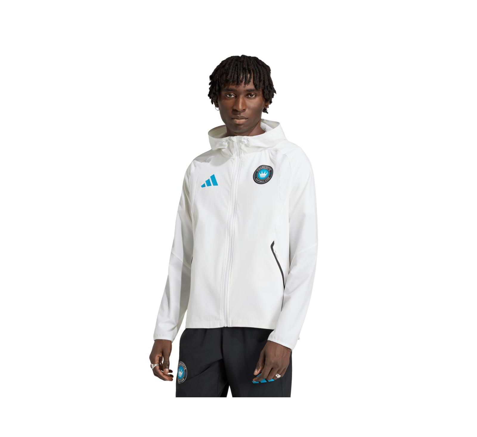Adidas Мужская ветровка с капюшоном и полной молнией Tiro Travel, цвета White Charlotte FC