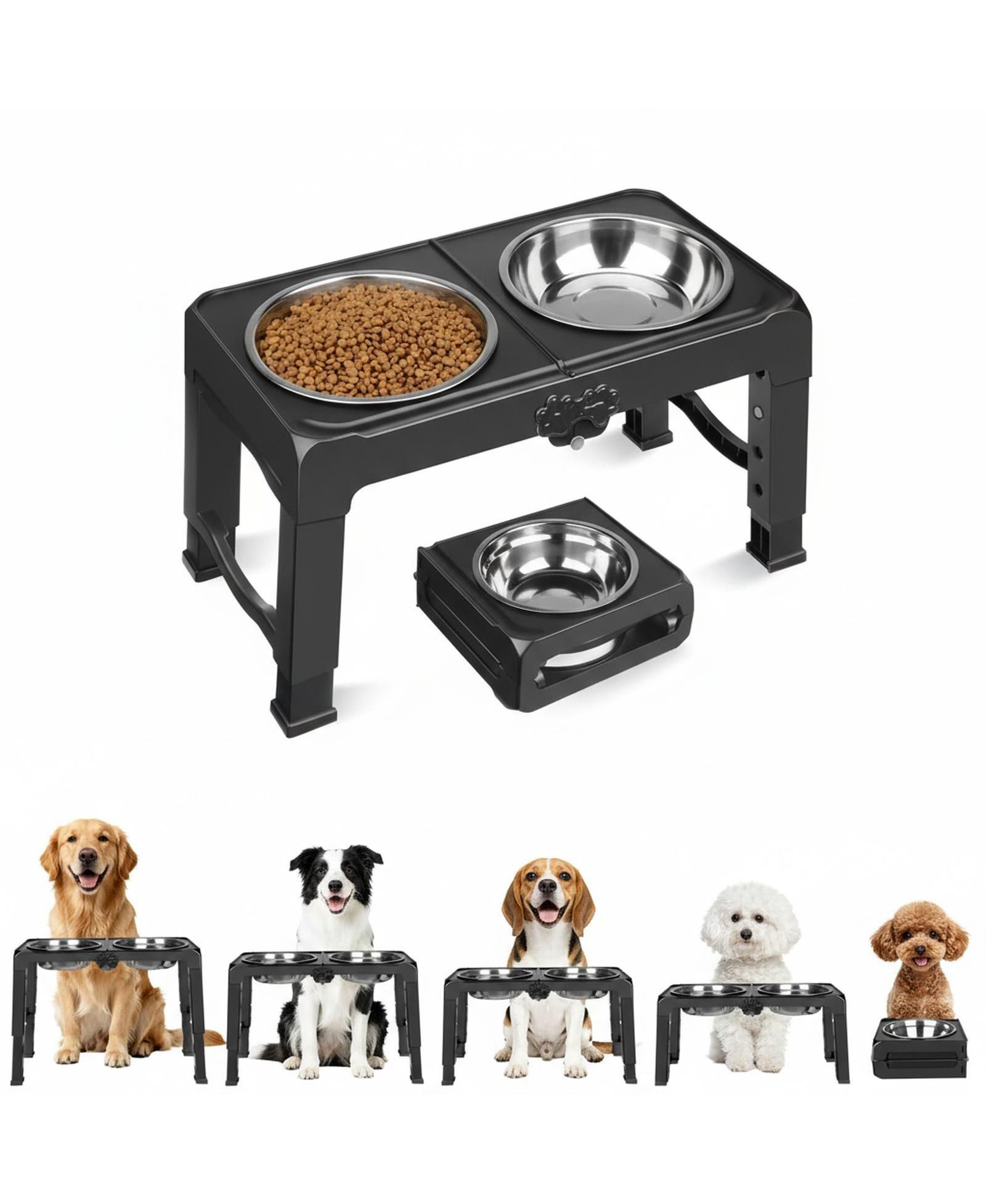 ARONKL Elevated Dog Bowl Stand 5 Adjustable Heights Foldable Travel Feeder Stainless Steel Bowls Non-slip