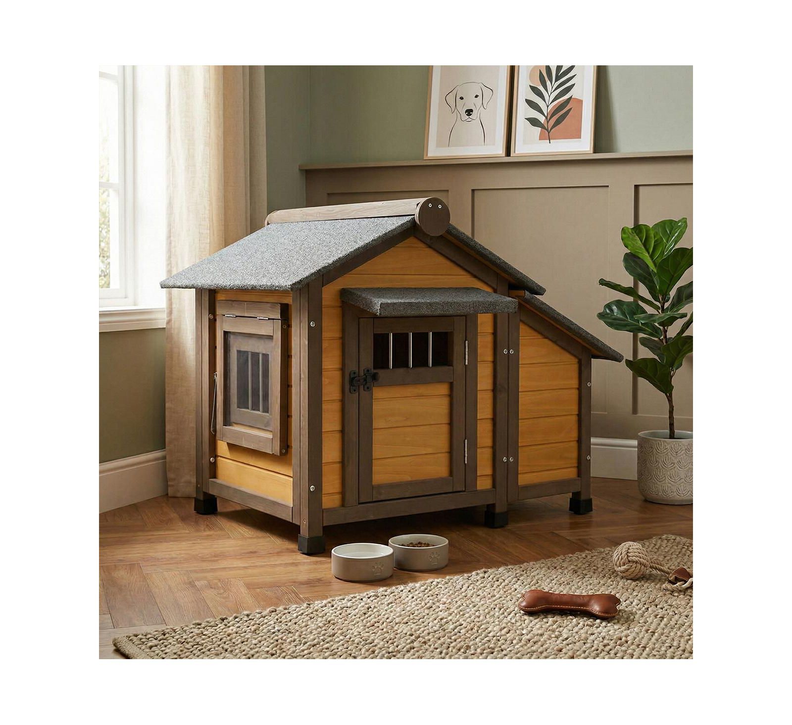 6thdruple Solid Wood Dog House with Elevated Floor, 45 Inch Waterproof Outdoor Dog House for Medium Dogs