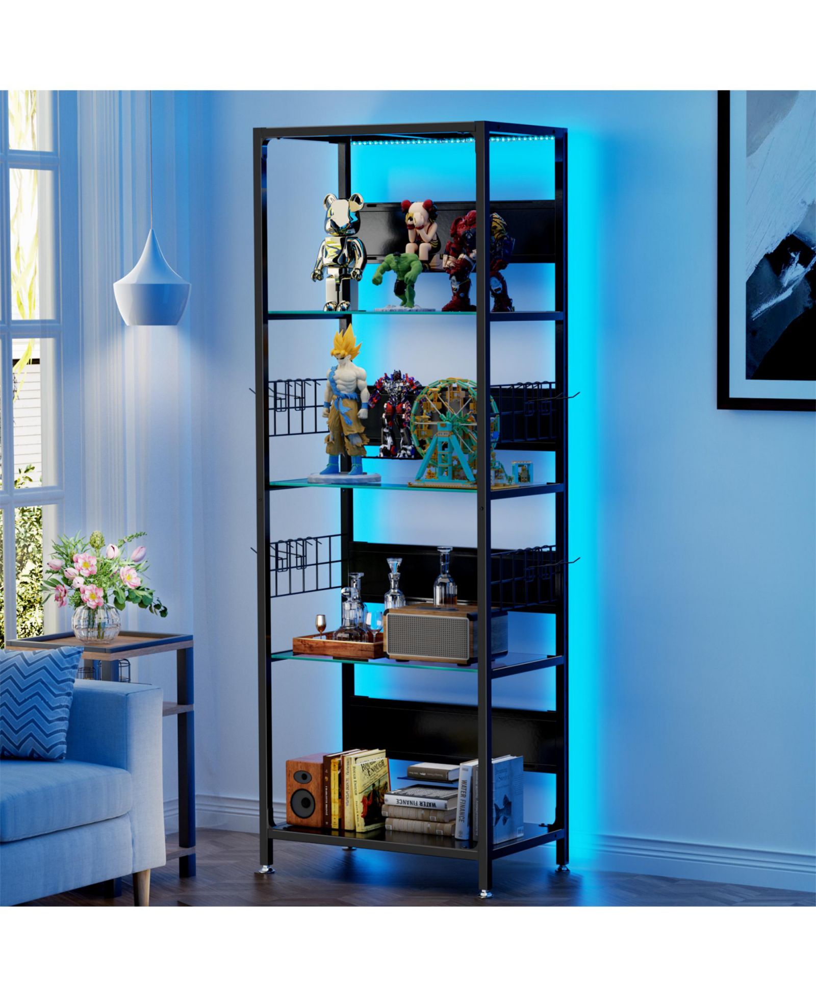 RAINSKEN Glass Display Shelf with RGB LED Lights - 4-Tier Curio Cabinet with Adjustable Storage Box, Hooks, Metal Frame Standing Shelf for Living Room