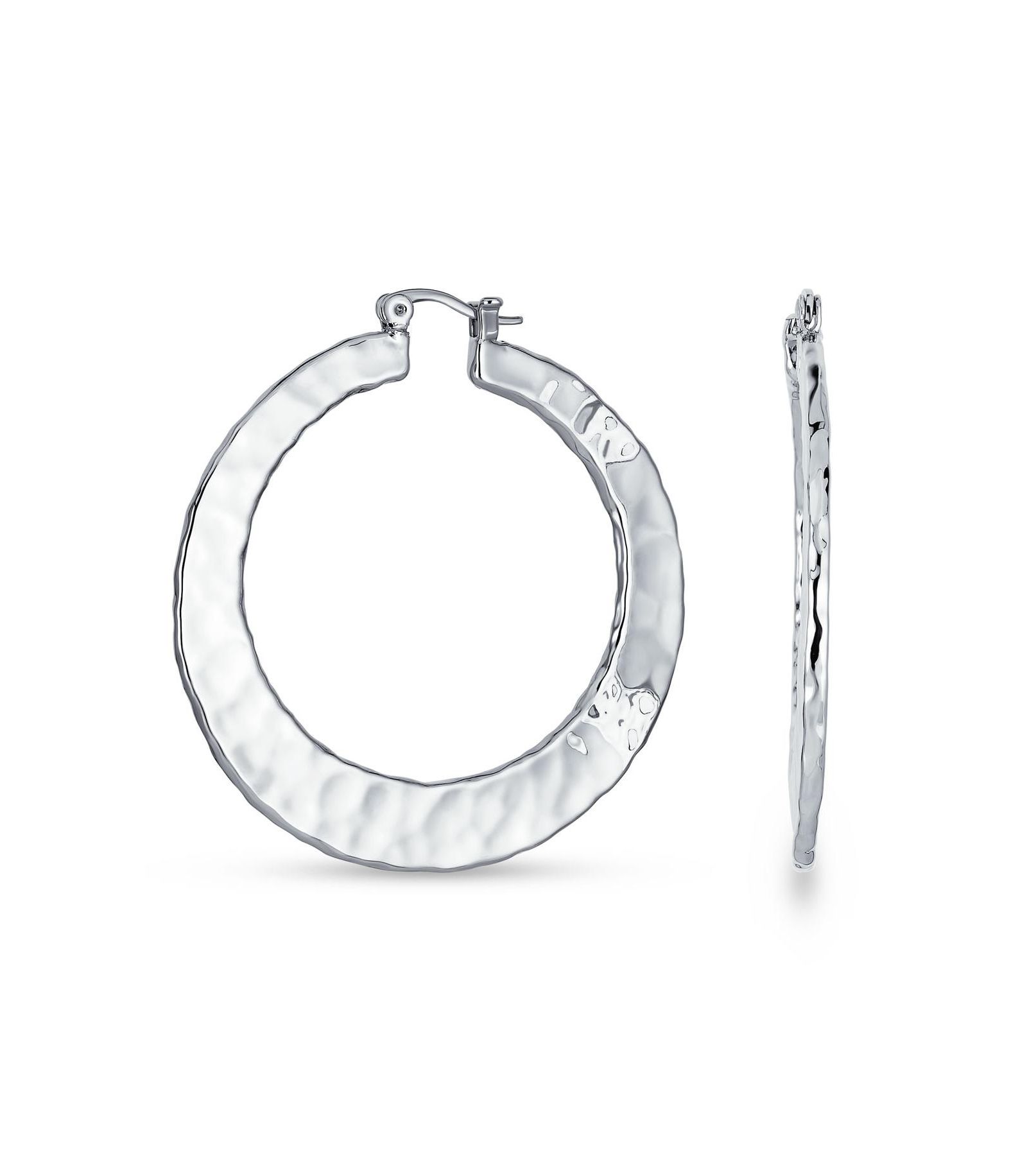 Bling Jewelry Large Fashion Flat Hammer Finish Statement Hoop Earrings Silver Plated 2 Inch