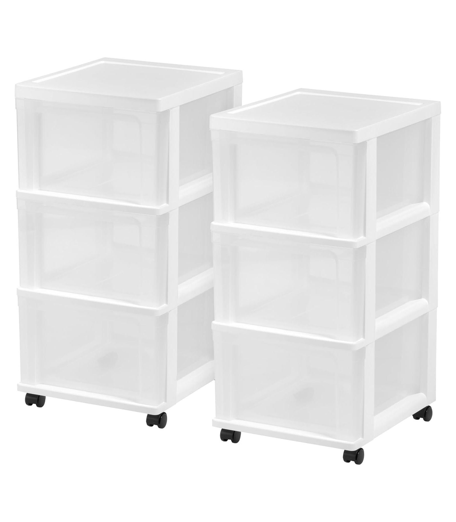 IRIS USA Plastic 3-Drawer Storage Organizer Rolling Cart with Wheels, Slim Narrow Design, 2-Pack