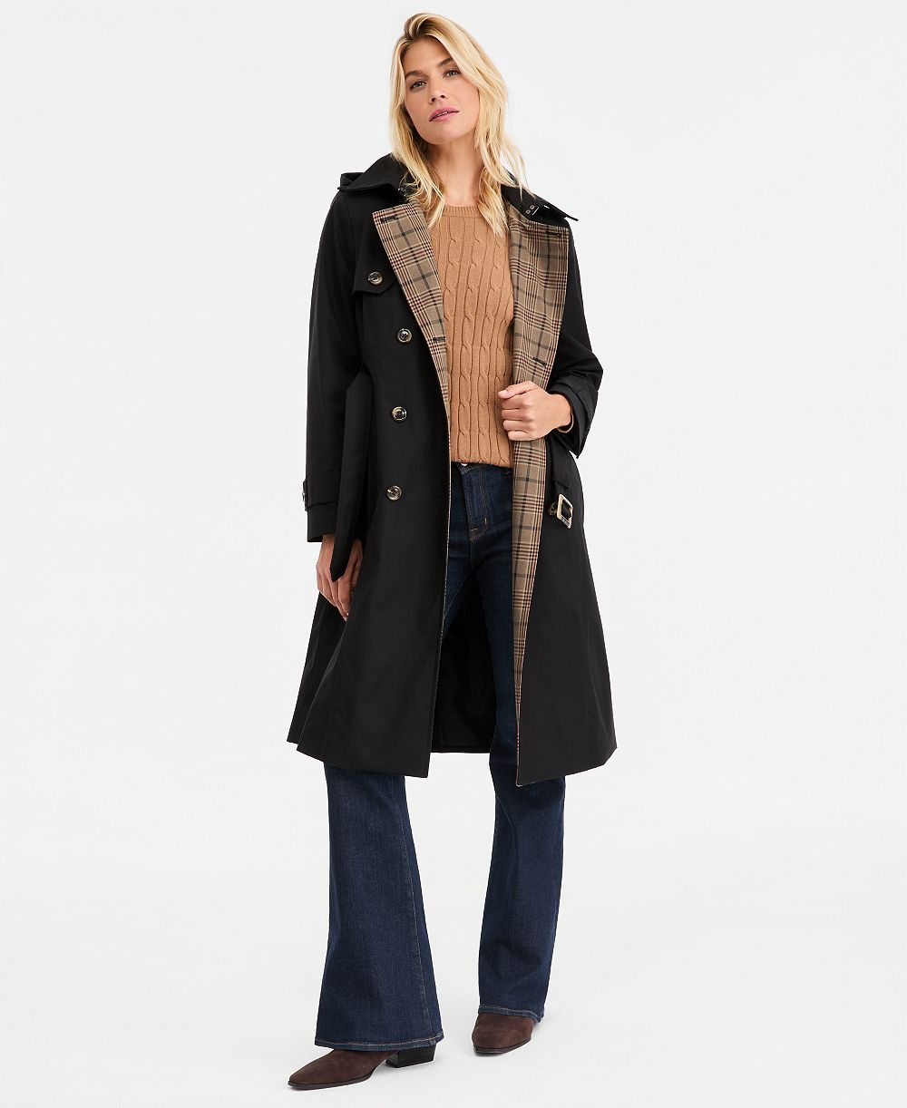 London Fog Women's Plaid-Collar Belted Trench Coat, Created for Macy's