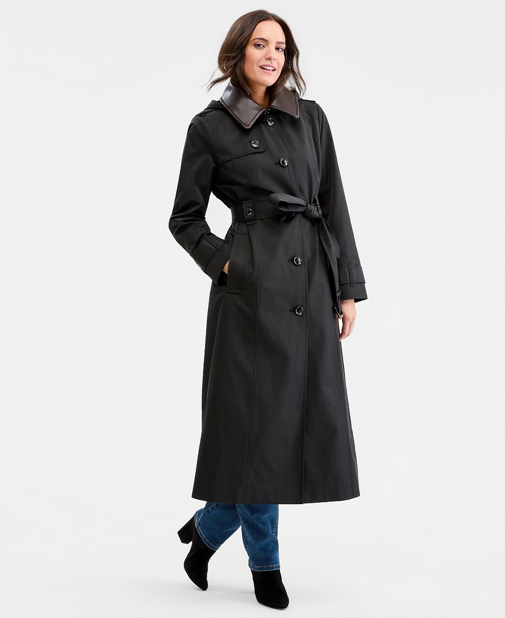 London Fog Women's Faux-Leather-Collar Maxi Trench Coat