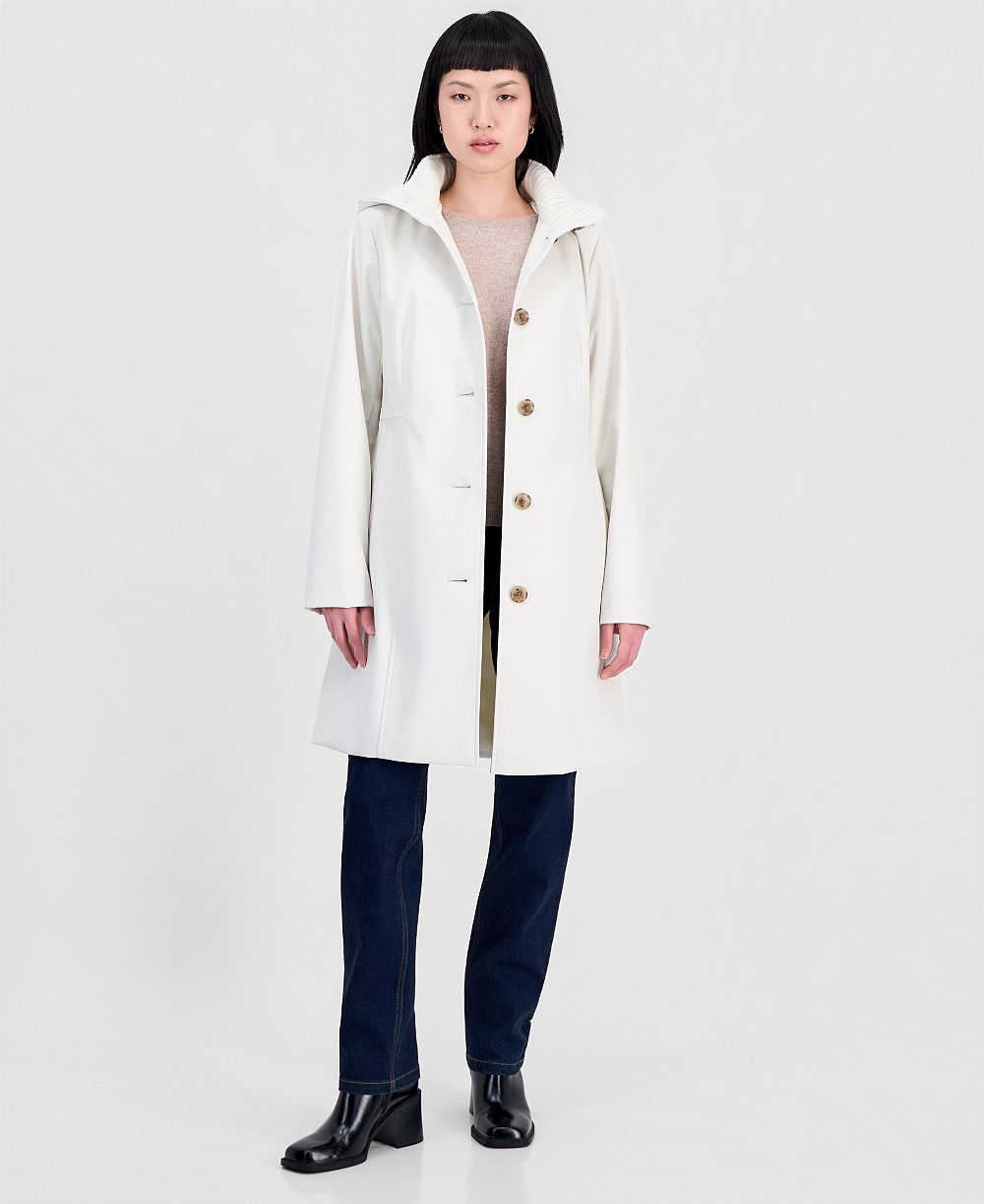 Calvin Klein Women's Hooded Button-Front Knit Collar Coat, Created for Macy's