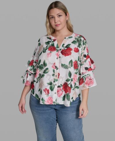 KARL LAGERFELD PARIS Plus Size V-Neck Floral-Print Blouse