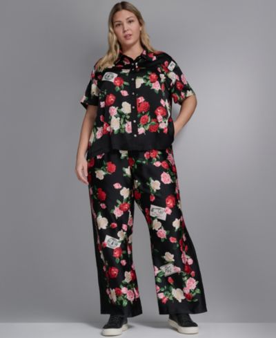 KARL LAGERFELD PARIS Plus Size Mid-Rise Floral-Print Pull-On Pants