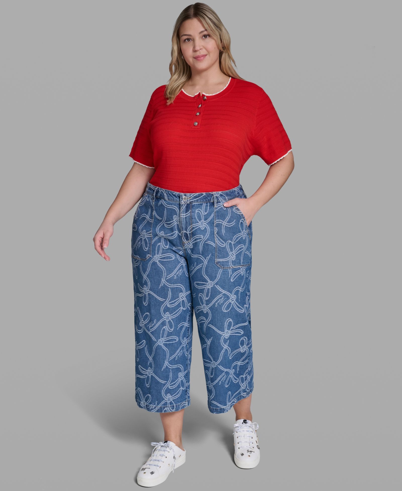 KARL LAGERFELD PARIS Plus Size Mid-Rise Bow-Jacquard Cropped Jeans