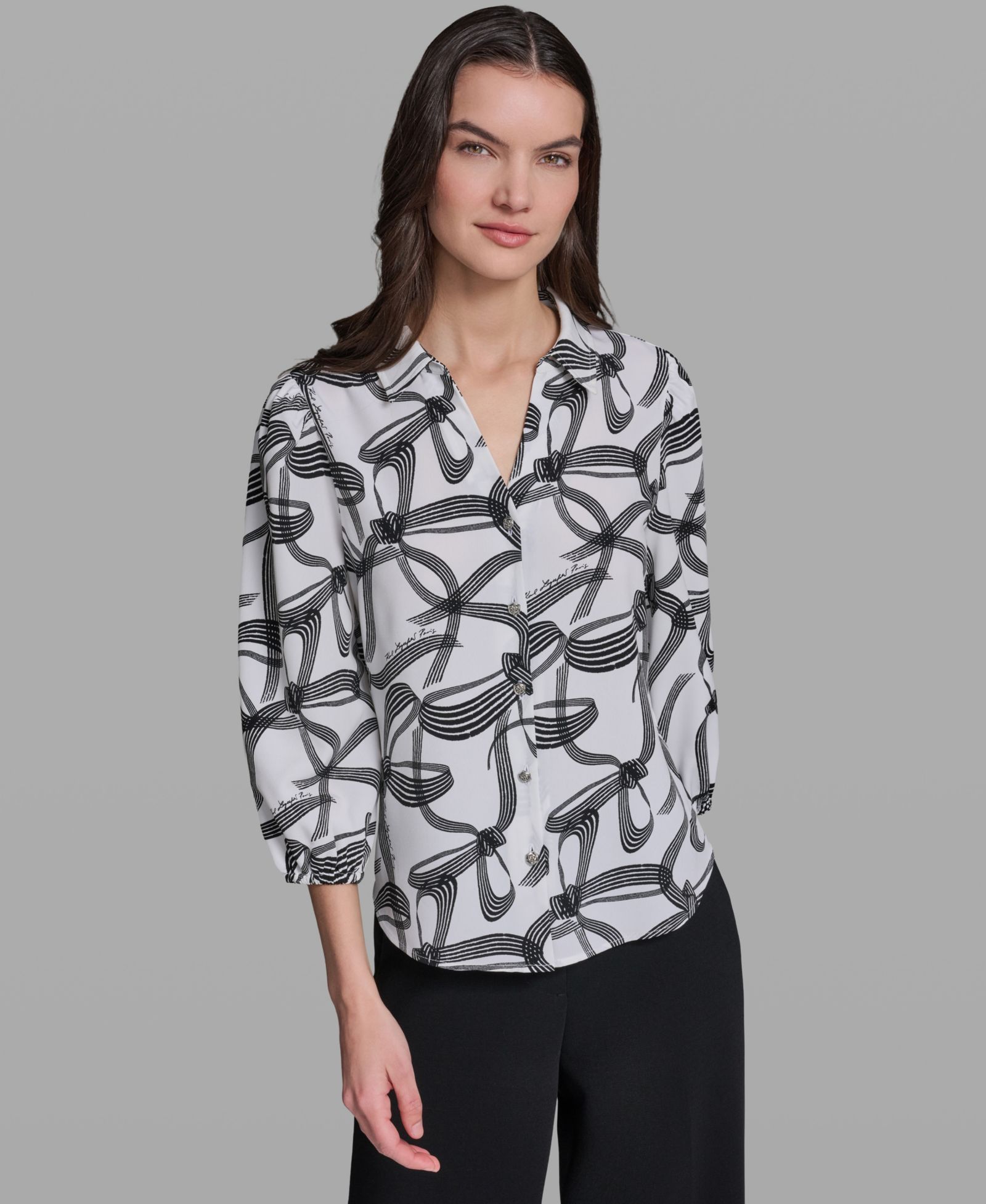 KARL LAGERFELD PARIS Women's Bow Print Woven Collared Top