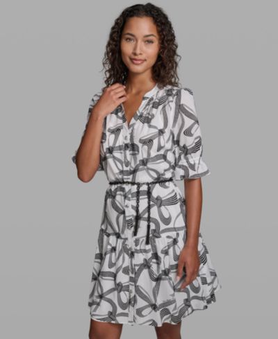 KARL LAGERFELD PARIS Women's Printed Belt Collared Dress