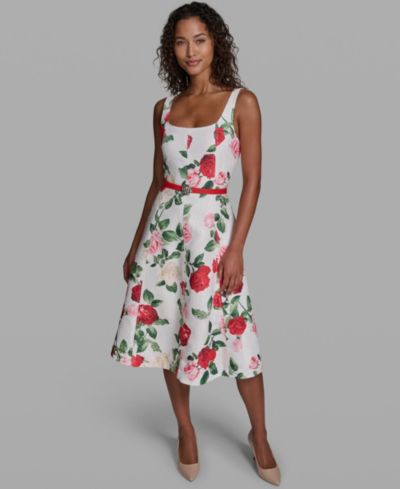 KARL LAGERFELD PARIS Women's Sleeveless Square Neck Belted Floral Dress