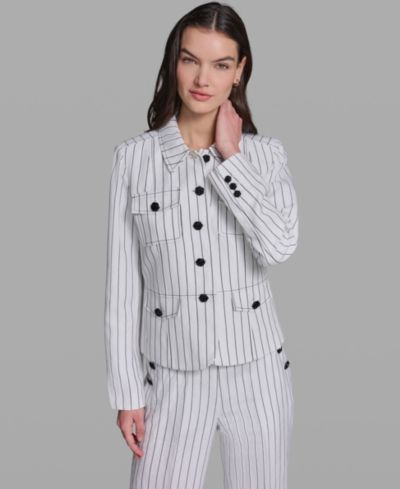 KARL LAGERFELD PARIS Women's Linen-Blend Striped Collared Jacket