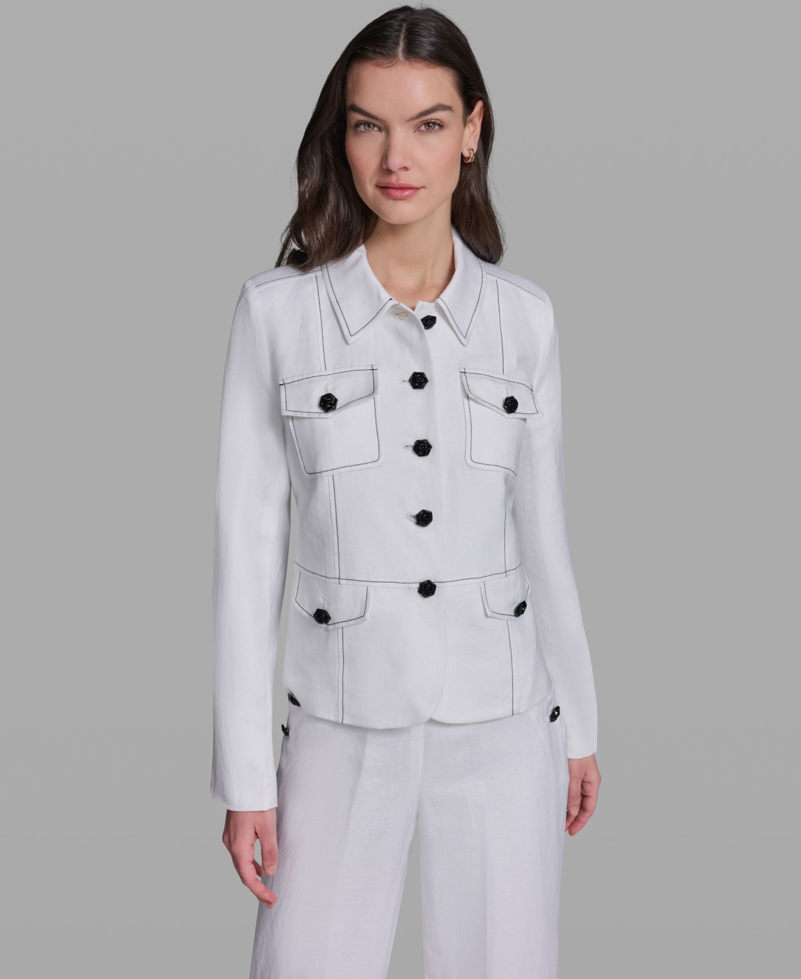 KARL LAGERFELD PARIS Women's Linen-Blend Pocket Detail Collared Jacket