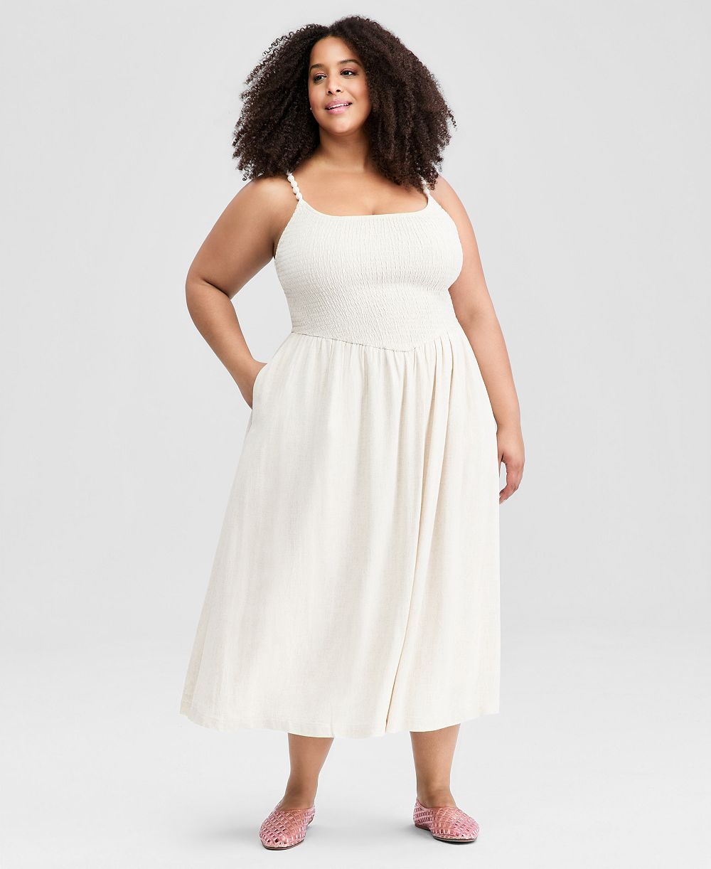 And Now This Trendy Plus Size Smocked Beaded-Strap Midi Dress, Macy's Exclusive