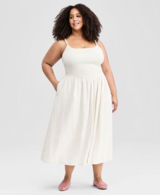 And Now This Trendy Plus Size Smocked Beaded-Strap Midi Dress, Macy's Exclusive