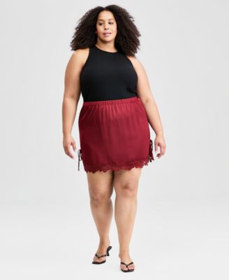 And Now This Trendy Plus Size Satin Lace-Trim Mini Skirt, Macy's Exclusive