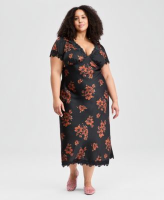 And Now This Trendy Plus Size Lace-Trim Floral Satin Midi Dress, Macy's Exclusive