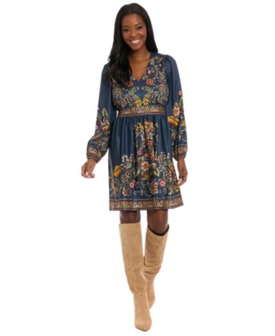 Женское мини-платье London Times Petite Printed V-Neck