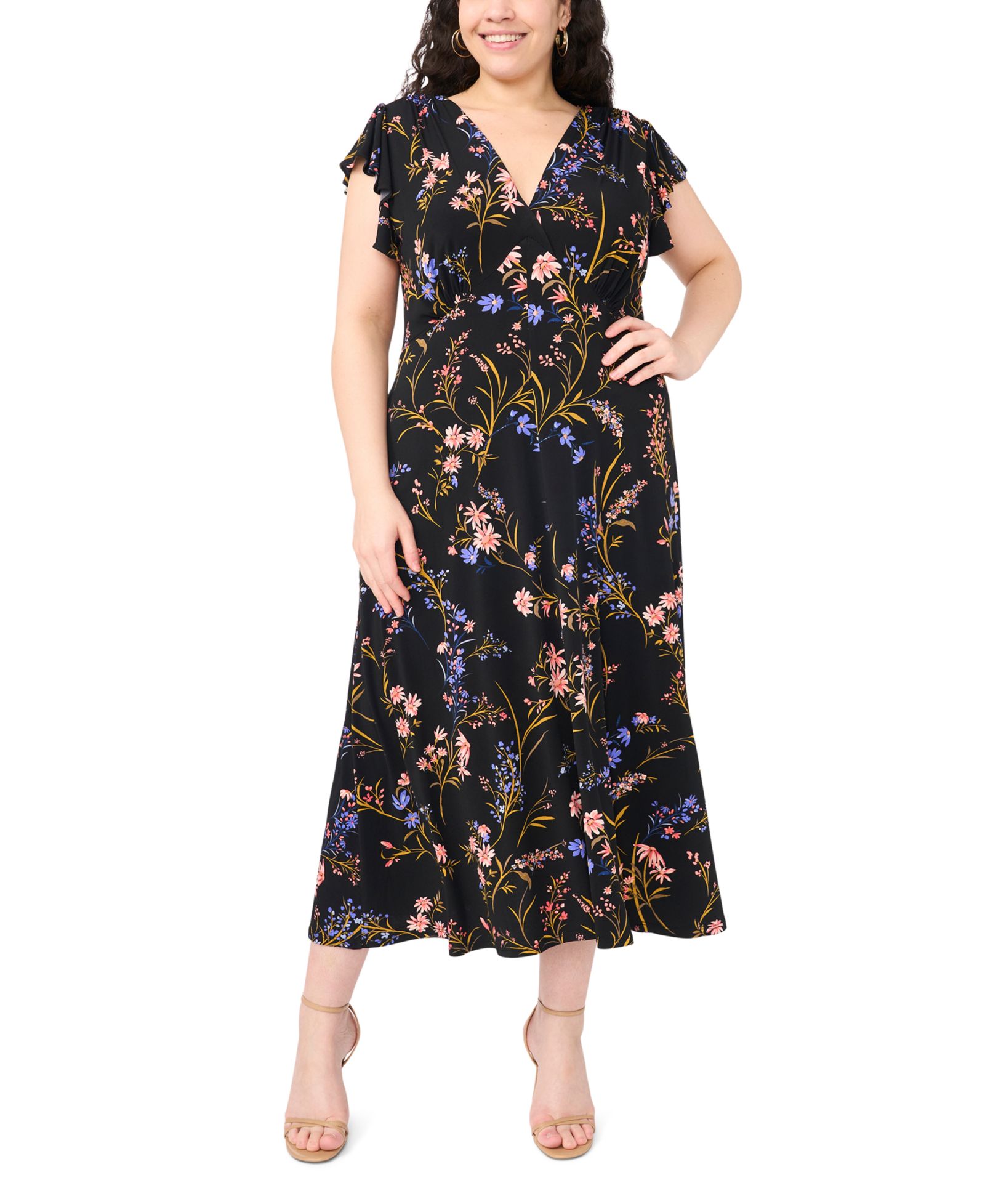 MSK Plus Size Floral Print V-Neck Midi Dress