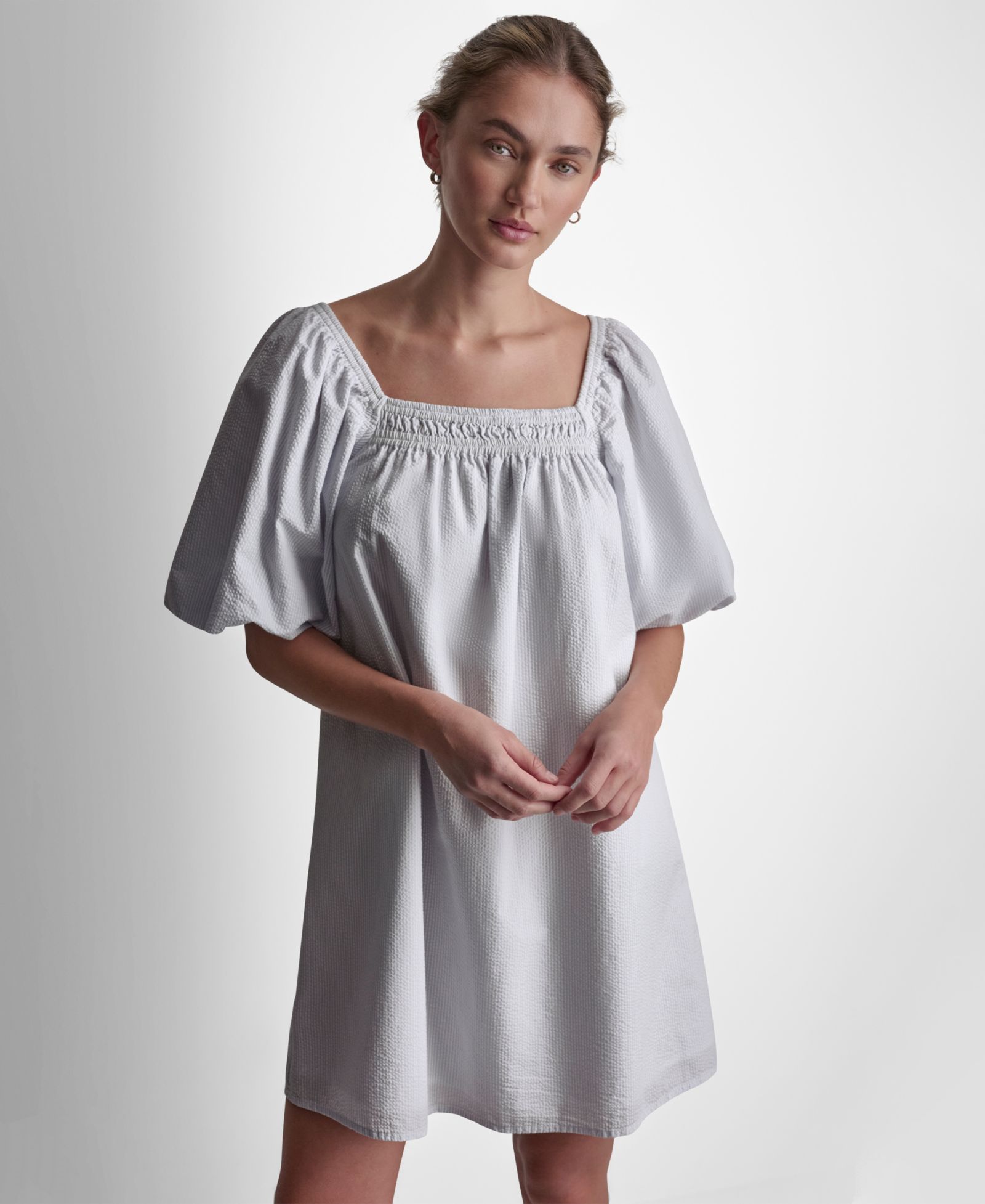 Женское мини-платье DKNY Jeans Half Puff-Sleeve Seersucker с квадратным вырезом