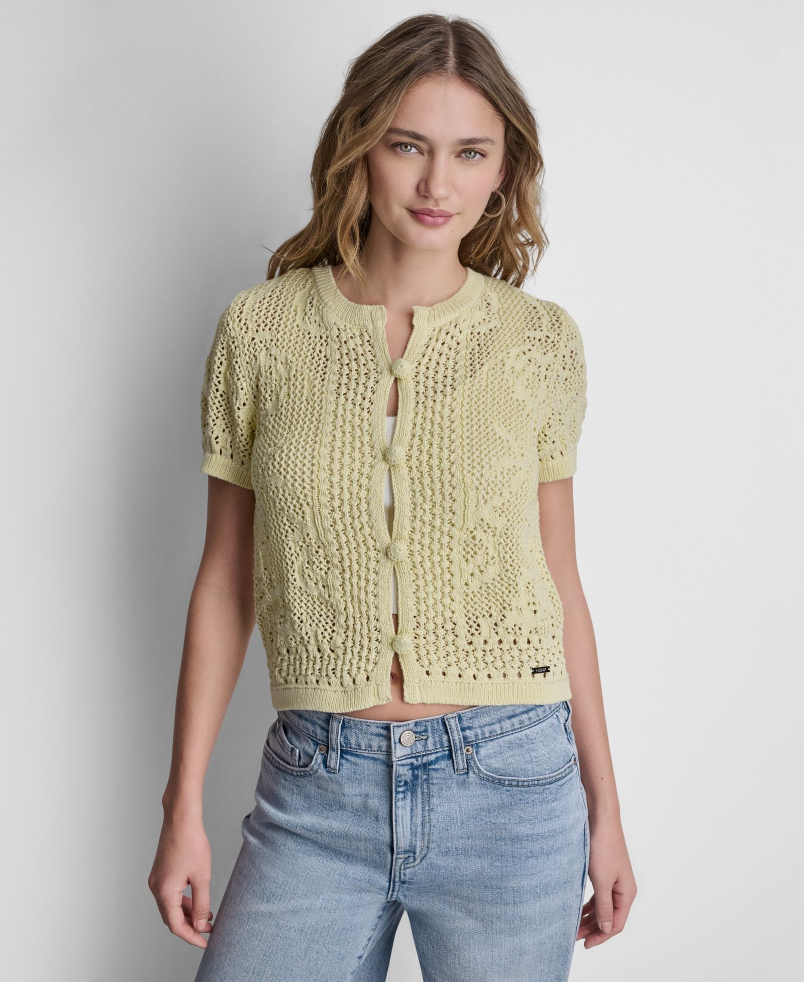 DKNY Jeans Women's Short-Sleeve Crew Neck Floral Pointelle Cardigan