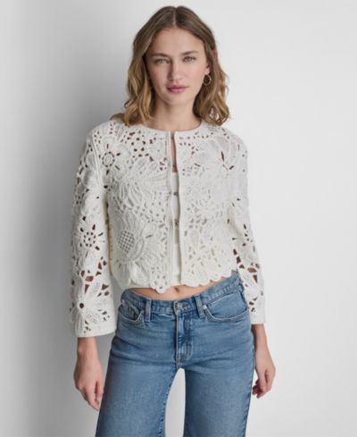 DKNY Jeans Women's Long-Sleeve Floral Crochet Crewneck Cardigan With Scallop Hem