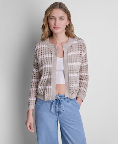 DKNY Jeans Women's Relaxed-Fit Stripe Open Stitch Drop Shoulder Open-Front Cardigan