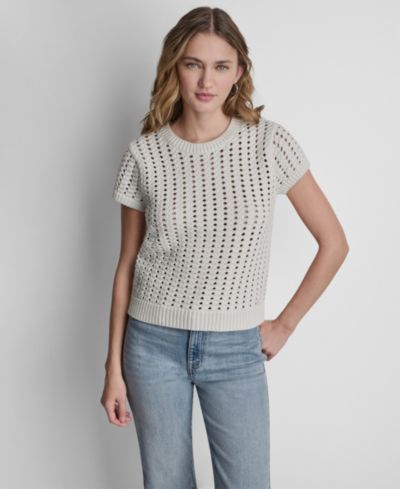 DKNY Jeans Women's Short-Sleeve Airy Chunky Pointelle Crewneck Sweater
