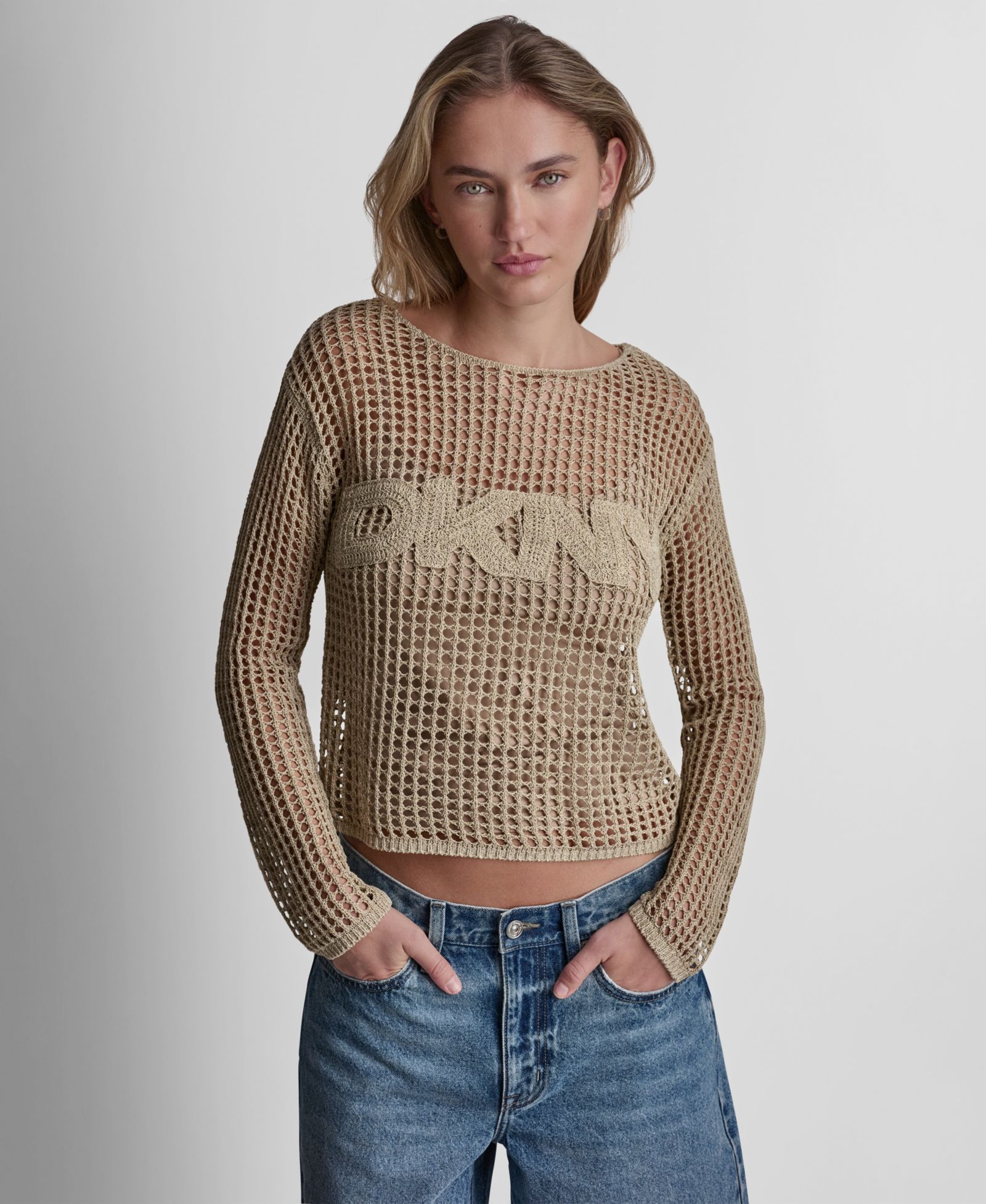 DKNY Jeans Women's Long-Sleeve Pointelle Crochet Open-Stitch Boat Neck Logo Sweater
