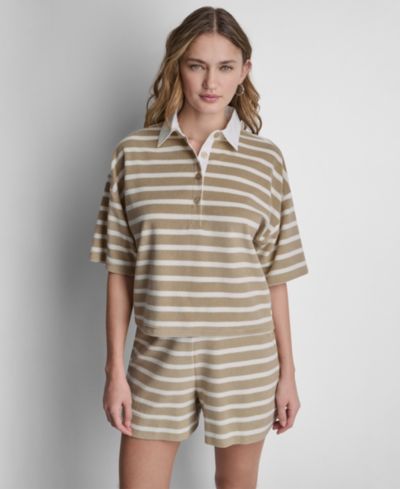 DKNY Jeans Women's Towelling Terry Stripe Boxy Polo Top