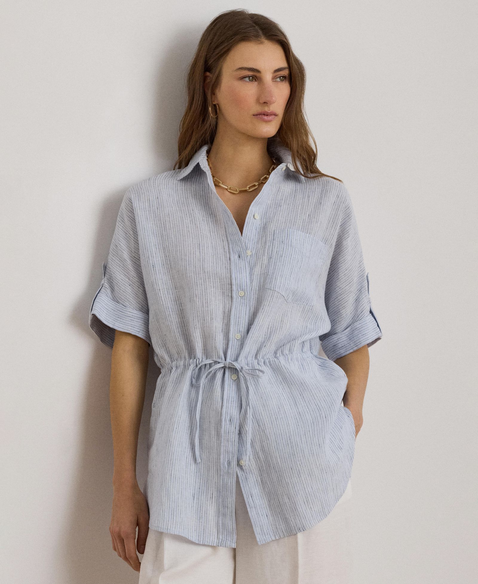Lauren Ralph Lauren Women's Point Collar Striped Roll-Tab-Sleeve Tunic Shirt