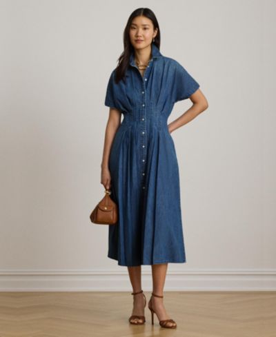 Женское джинсовое платье-рубашка Lauren Ralph Lauren с отложным воротником и плиссировкой