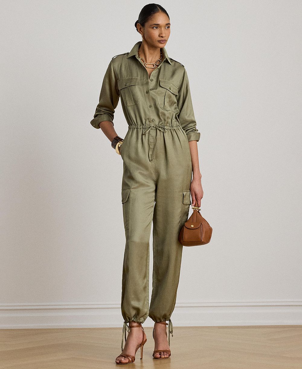 Женский комбинезон Lauren Ralph Lauren Spread Collar Shantung Cargo