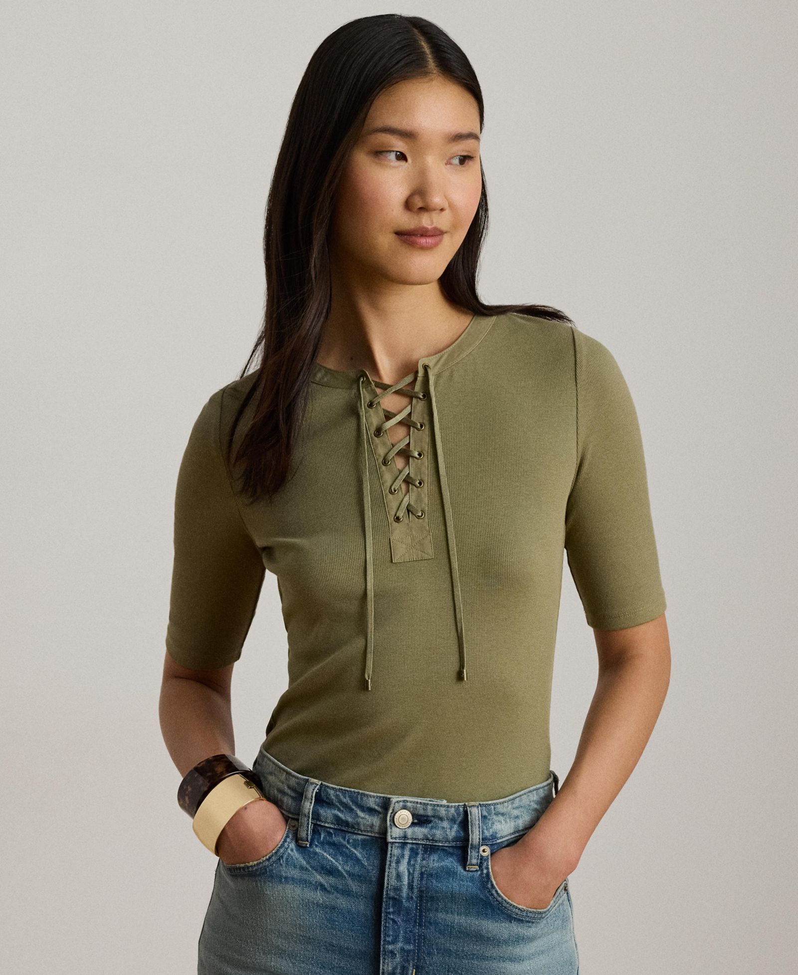 Lauren Ralph Lauren Women's Crewneck Lace-Up Ribbed Elbow-Sleeve T-Shirt