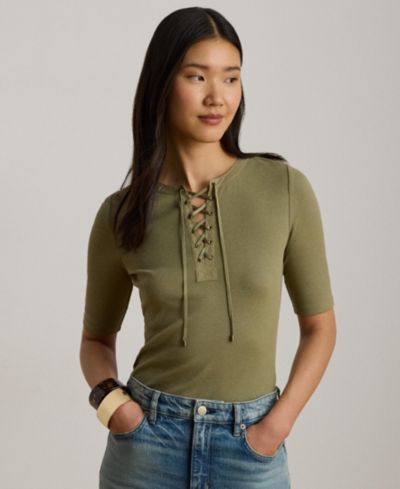 Женская футболка Lauren Ralph Lauren Crewneck Lace-Up Ribbed Elbow-Sleeve
