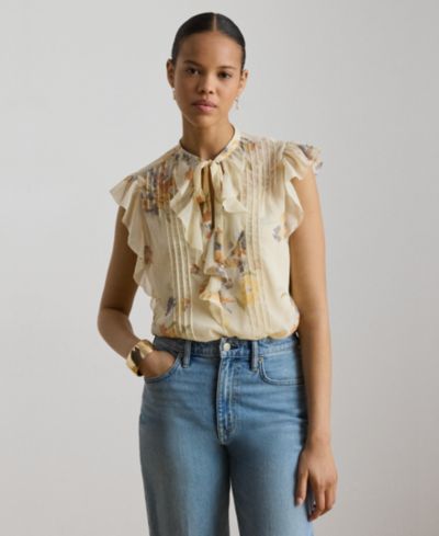 Lauren Ralph Lauren Women's Floral Pintucked Band Collar Tie-Neck Blouse