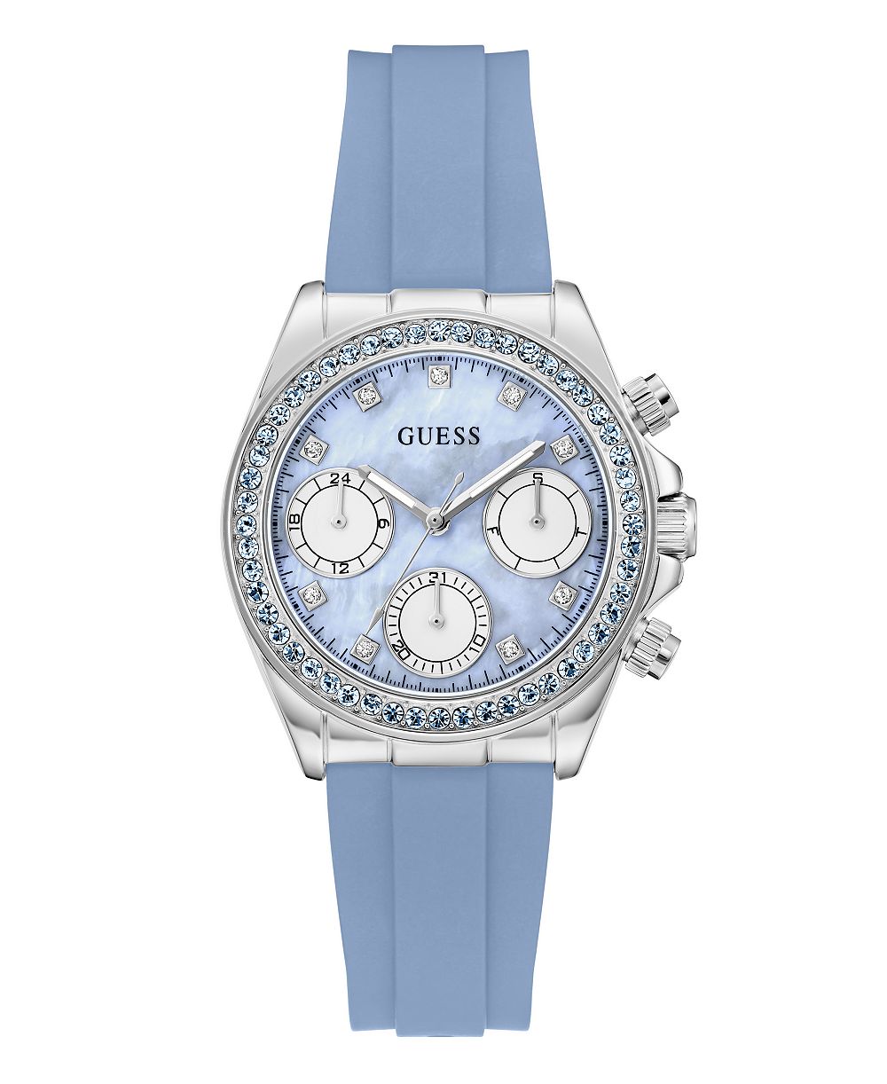 GUESS Women's Silver-Tone Sky Blue Silicone Multi-Function Watch, 36mm