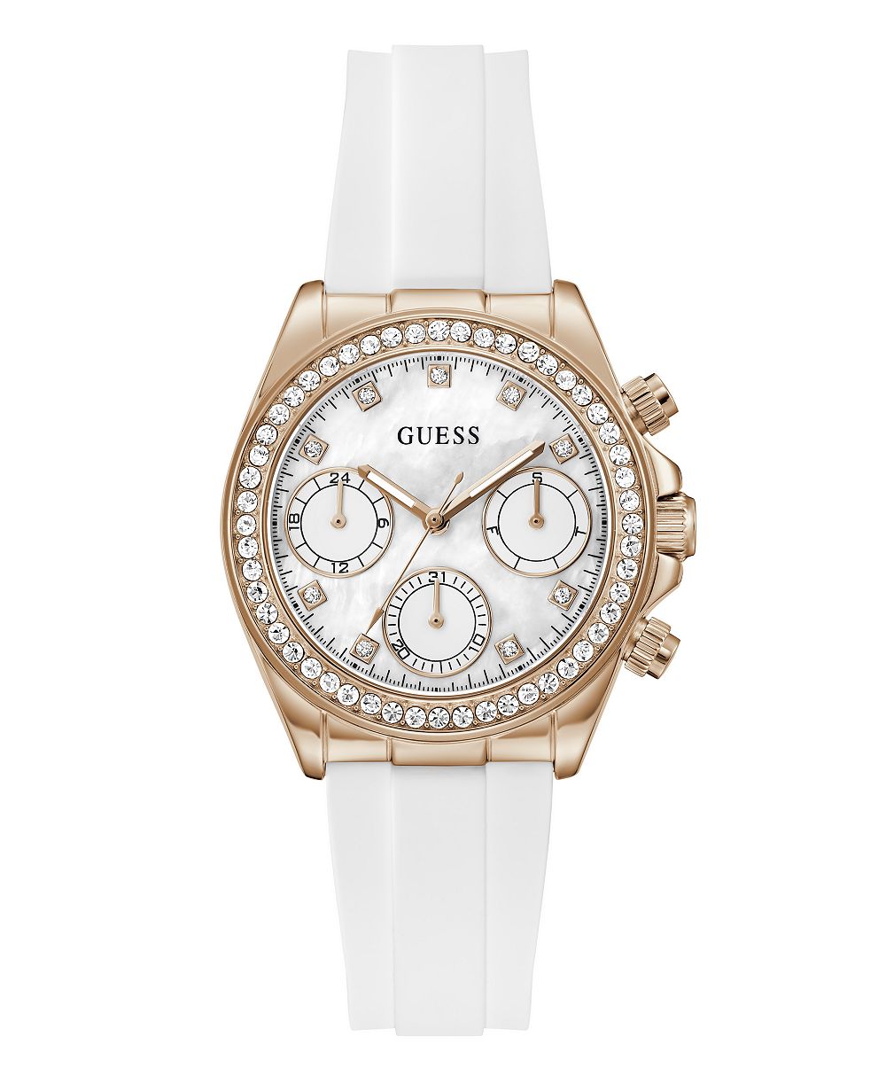 GUESS Women's Rose Gold-Tone White Silicone Multi-Function Watch, 36mm