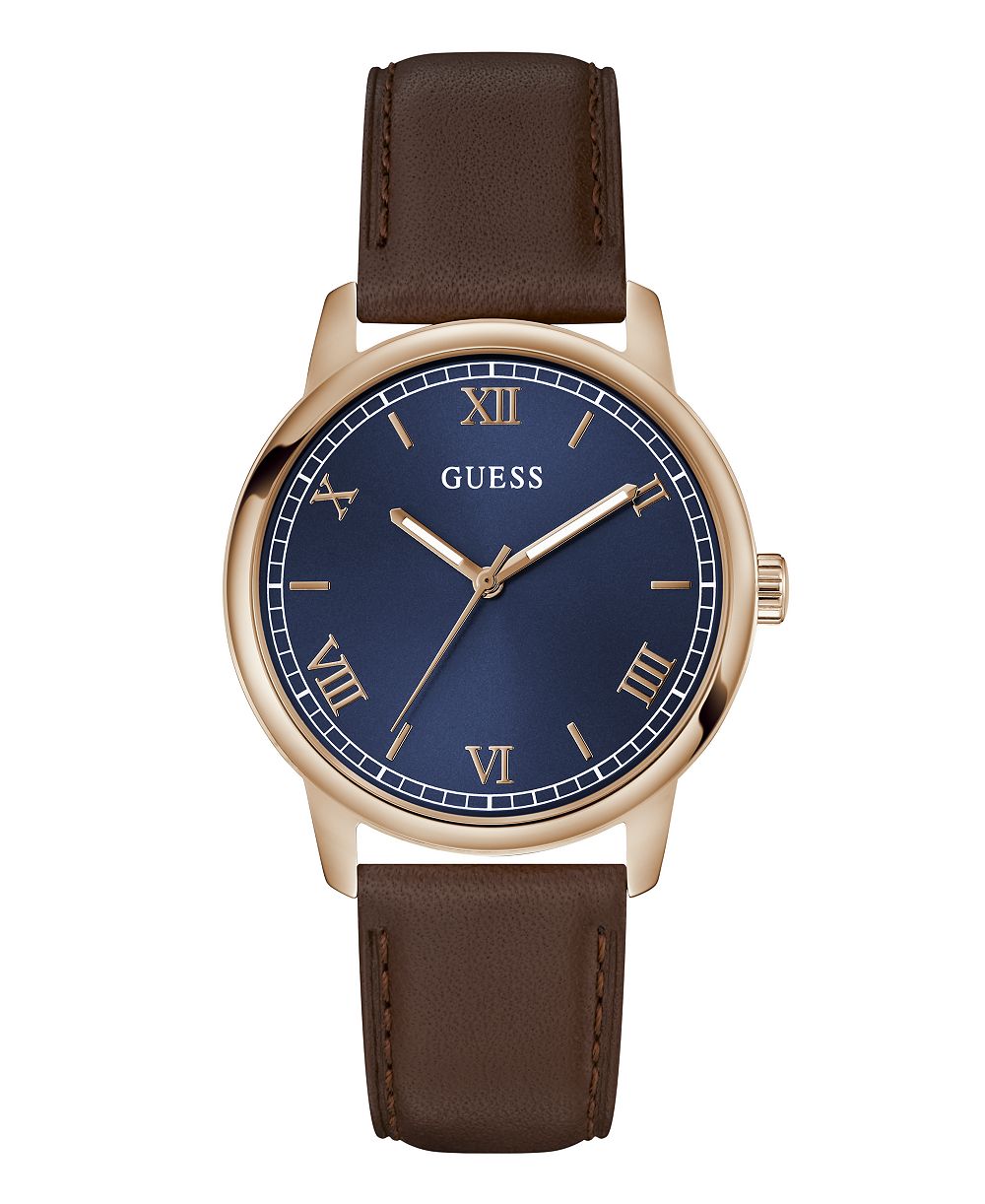 GUESS Men's Rose Gold-Tone Brown Leather Watch, 40mm
