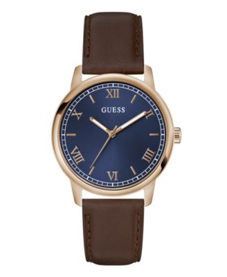 GUESS Men's Rose Gold-Tone Brown Leather Watch, 40mm