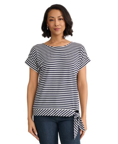 Jones New York Petite Short-Sleeve Striped Side-Tie Boat Neck T-Shirt