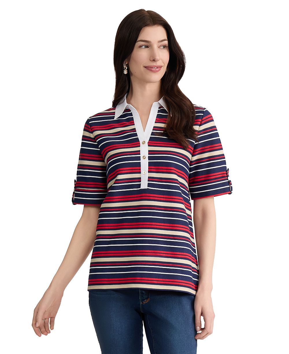 Jones New York Petite Cuffed Elbow Sleeve Striped Polo
