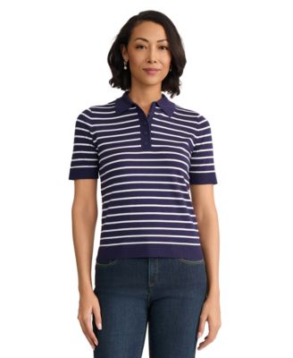 Jones New York Petite Stripped Collared Neck T-Shirt