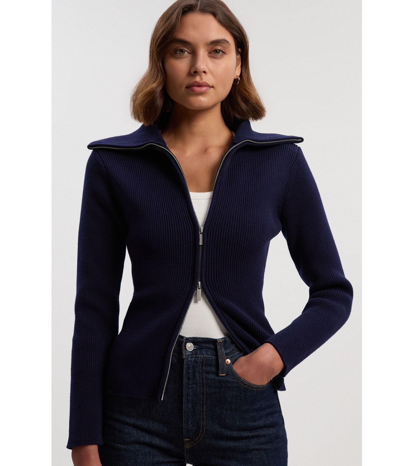 Karen Millen Women's Cotton Zip Through Collar Knit Cardigan