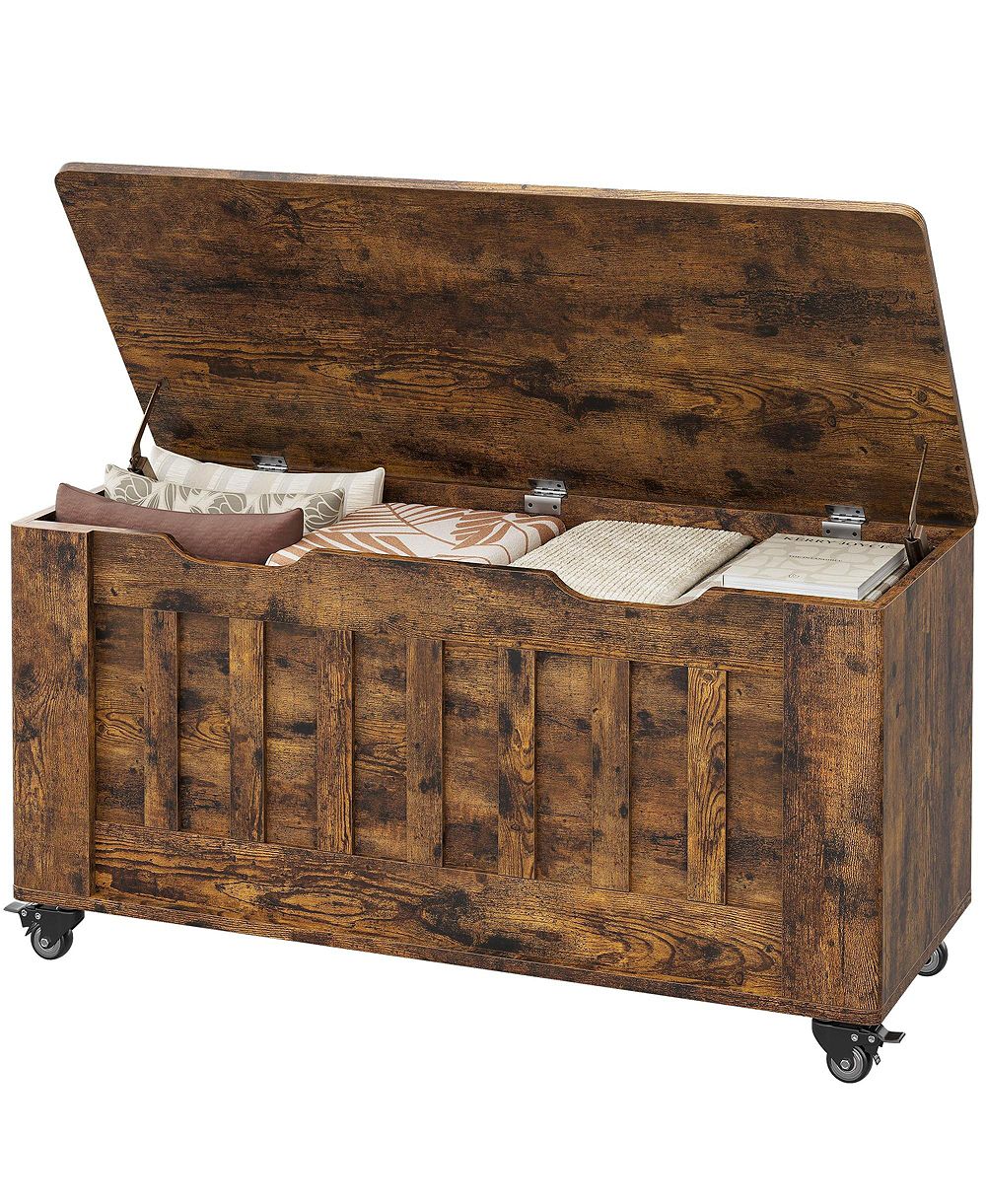 gaomon 39.4" Rolling Wooden Storage Chest and Blanket Bench with Safety Hinges